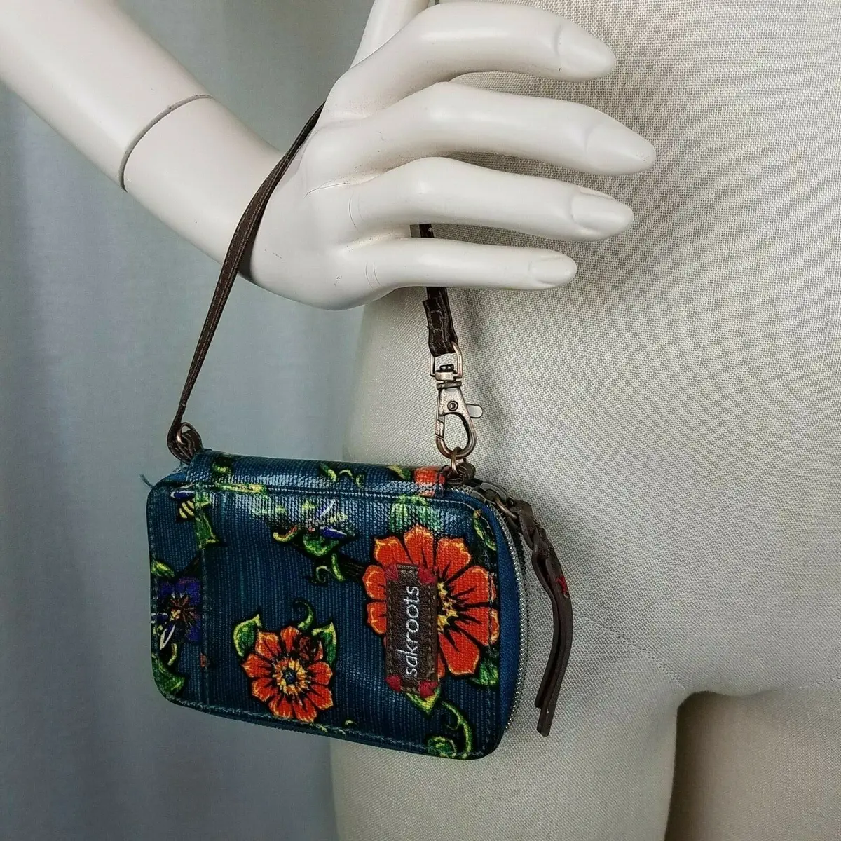 Sakroots Blue Wristlet Zippered Wallet Bifold Mini Purse Floral Denim Look Strap 1
