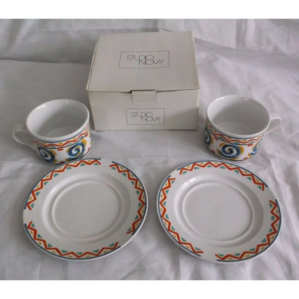 Mikasa Studio Nova Pow Wow Calico Jumbo Cup & Saucer Set Dishes Aztec Pattern 2 1