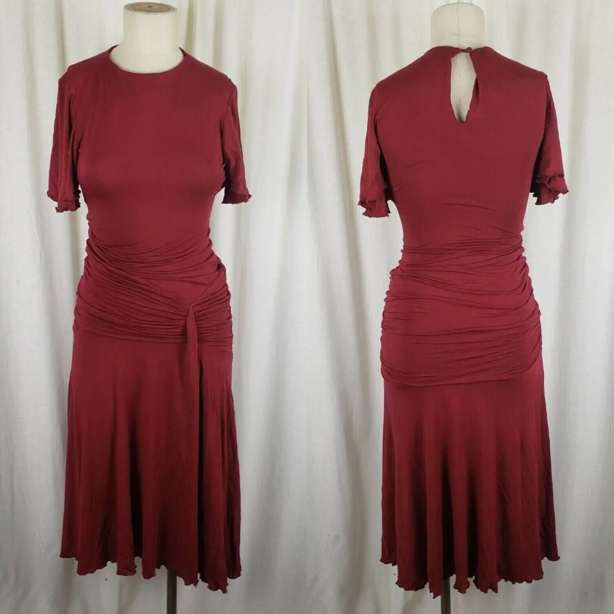 Mary Crafts Ruffled Ruched Gathered Fitted Jersey Knit Midi Dress Womens 0 Red 1