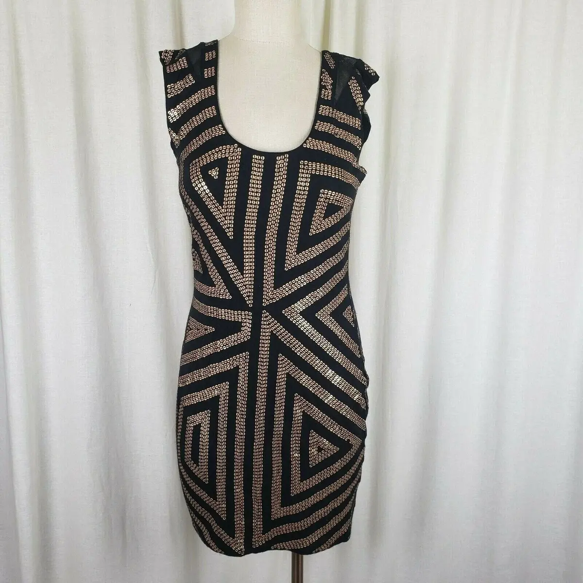 Express Gold Sequined Sheer Fitted Black Sexy Bodycon Party Dress Womens S 1