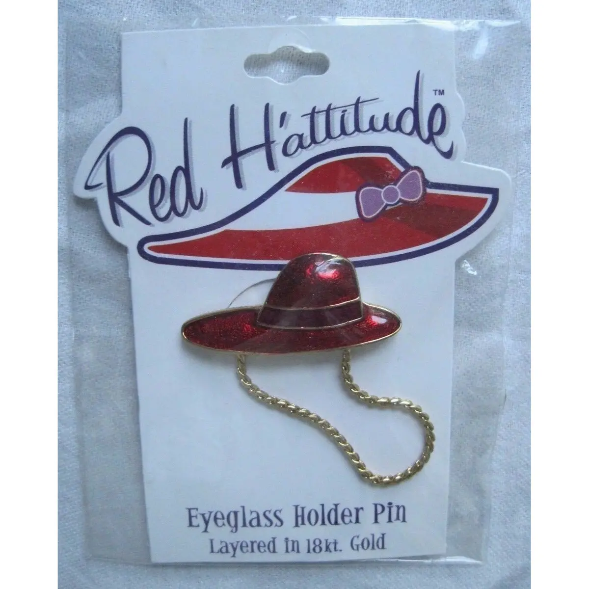 Red Hattitude Hat Society Eyeglass Holder Pin Brooch 18 Kt Gold Finish Long Brim 1