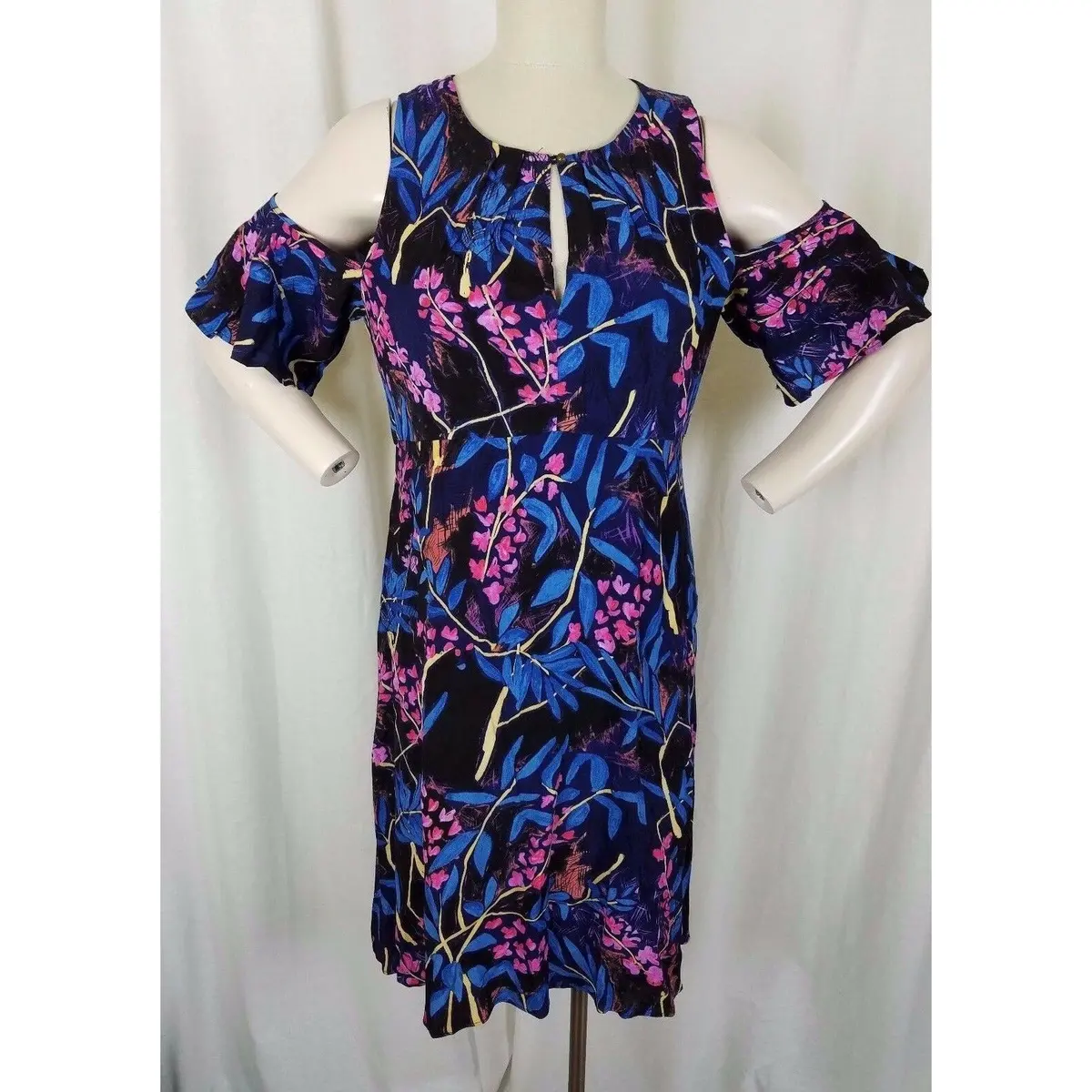 Anthropologie Maeve Elia Cold Shoulder Dress Womens 12 Swing Floral Cold Bright 1