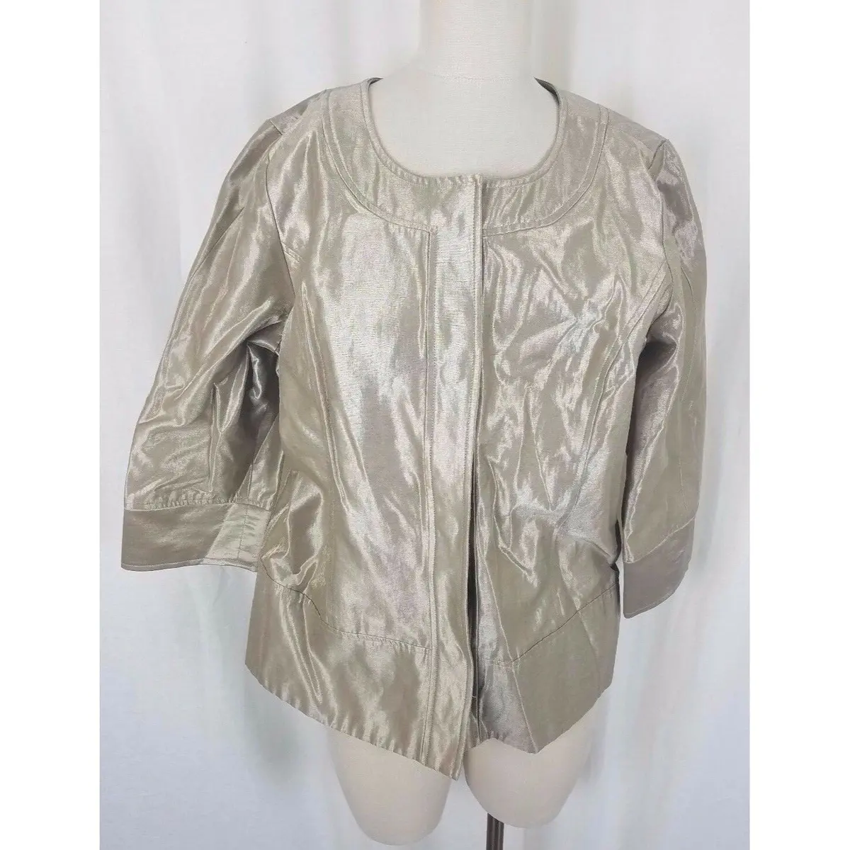 Victor Costa Occasion Gold Metallic Jacket 3/4 Sleeves Snap Up Shimmer Womens L 1