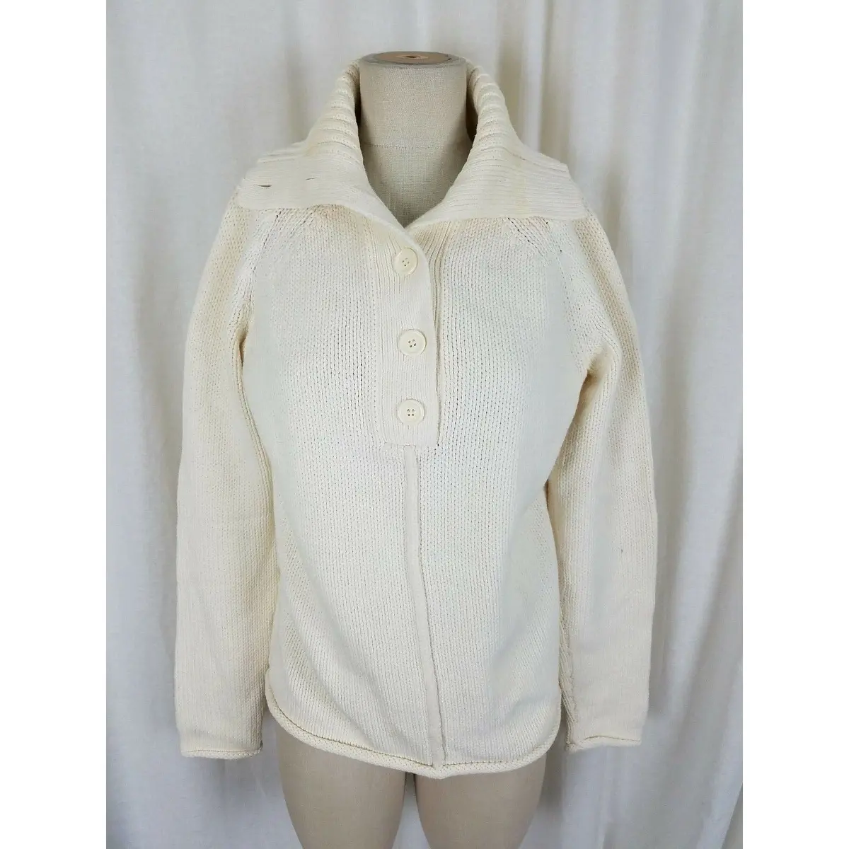Liz Claiborne Henley Knit Sweater Cotton Shawl Collar Funnel Neck Womens M Cream 1
