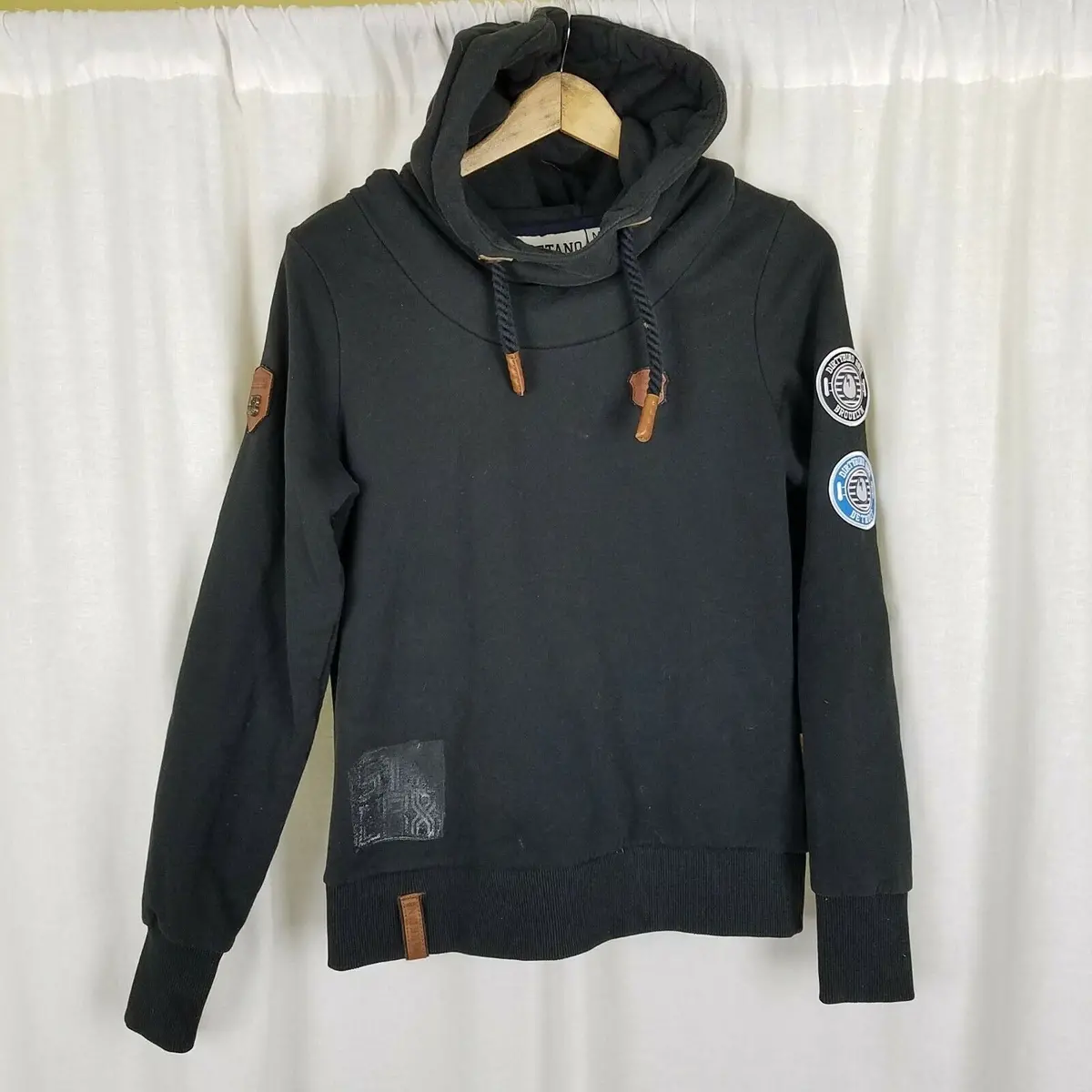 Naketano Hooded Pullover Sweatshirt Hoodie Womens M Melange Patches Cowl Neck 1