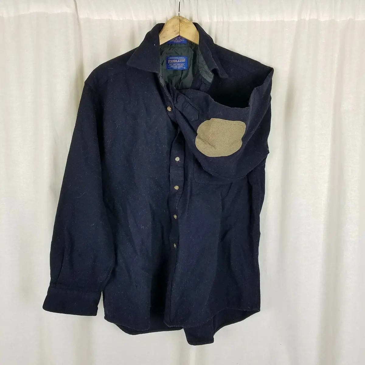 Pendleton Fitted Patch Elbows Wool Trail Shirt Mens Size L Navy Blue Button Up 1