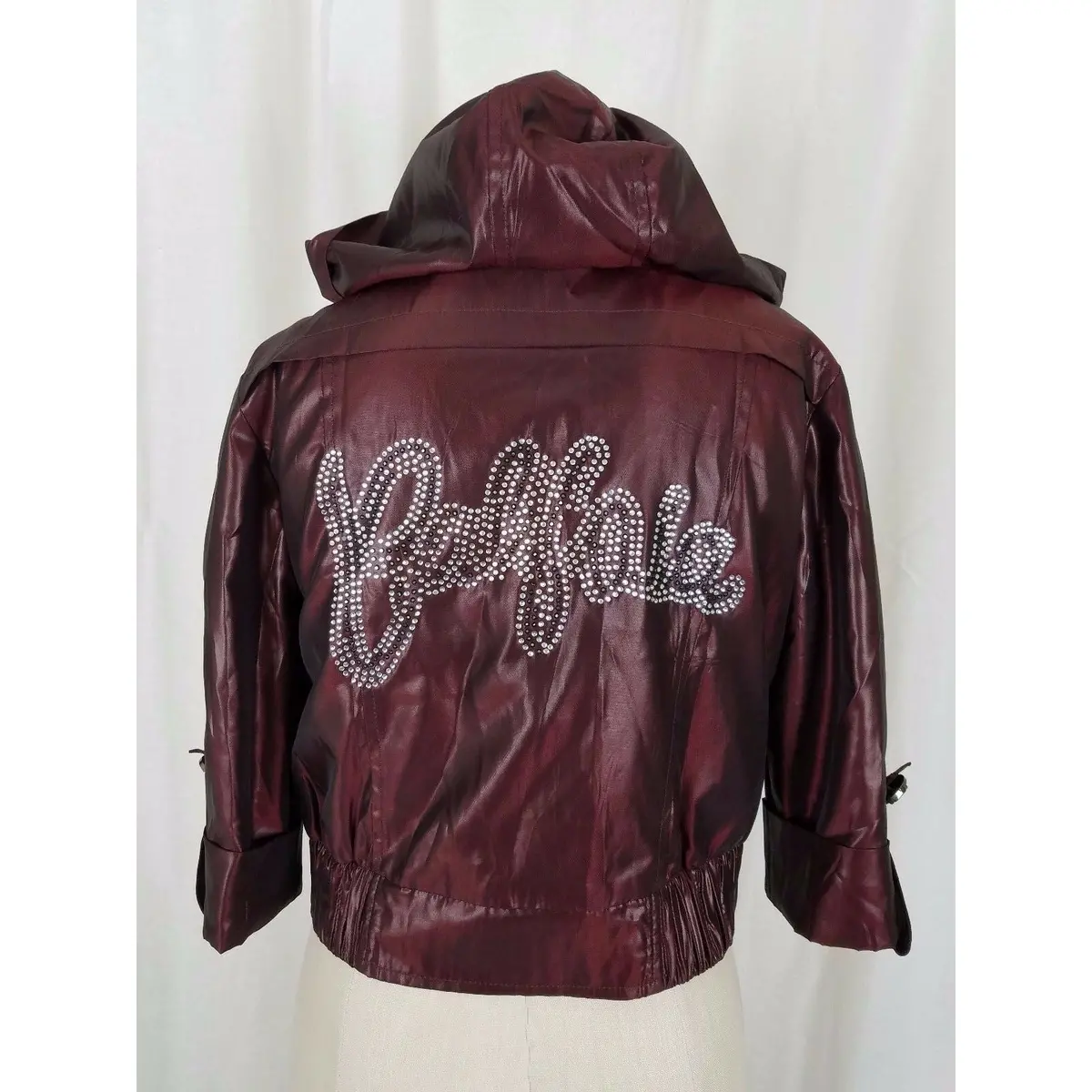 Char Char Califa La Bling Hooded Ruffled Satin 3/4 Sleeve Bomber Jacket Womens L 2