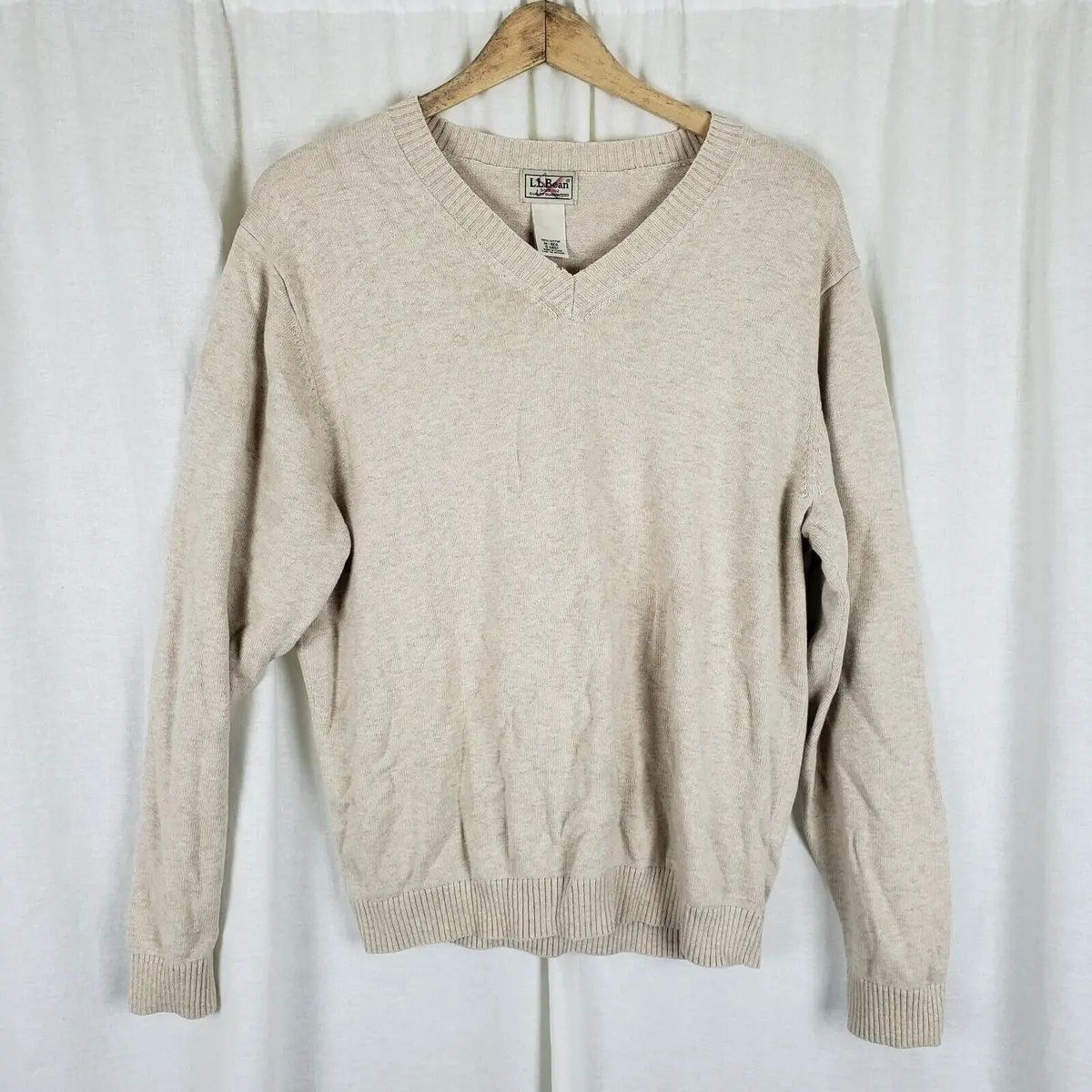 Ll Bean 100% Cotton Vneck Pullover Lightweight Sweater Mens M Light Tan Oatmeal 1
