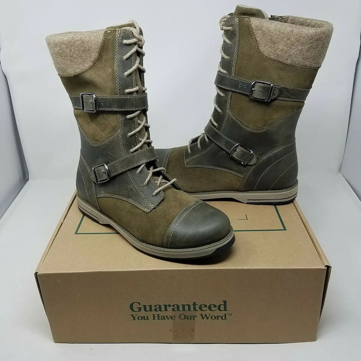 Ll Bean Park Ridge Boots Leather Buckle Wool Snow Tall Women 8 Antique Olive 1