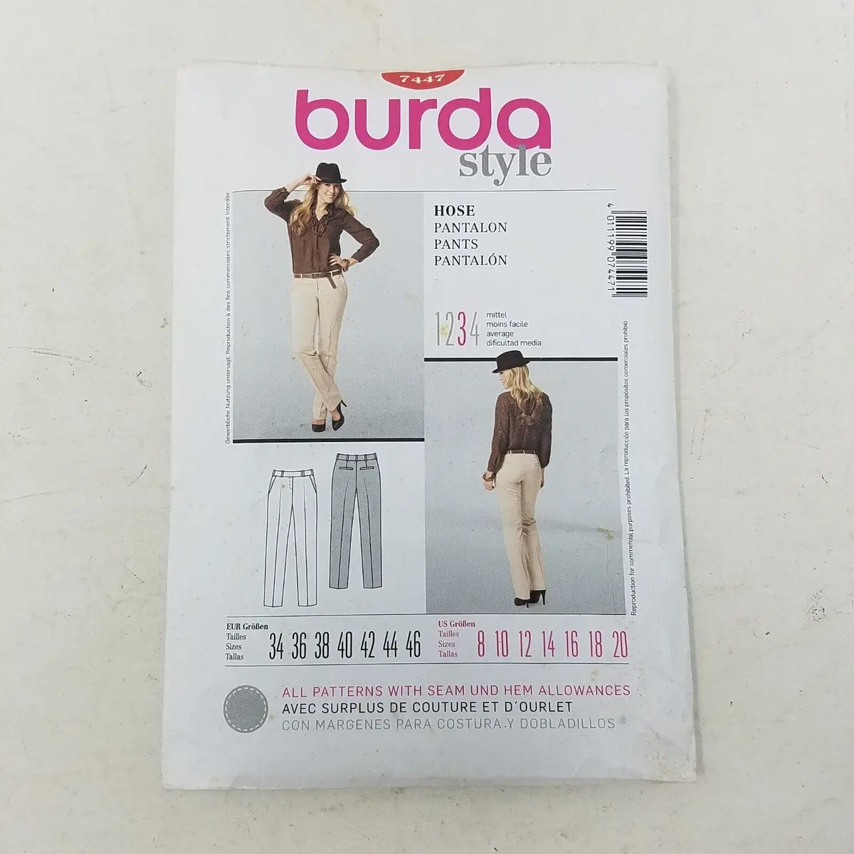 Burda Style Sewing Pattern 7447 Western Pants Uncut Womens 8 10 12 14 16 18 20 1