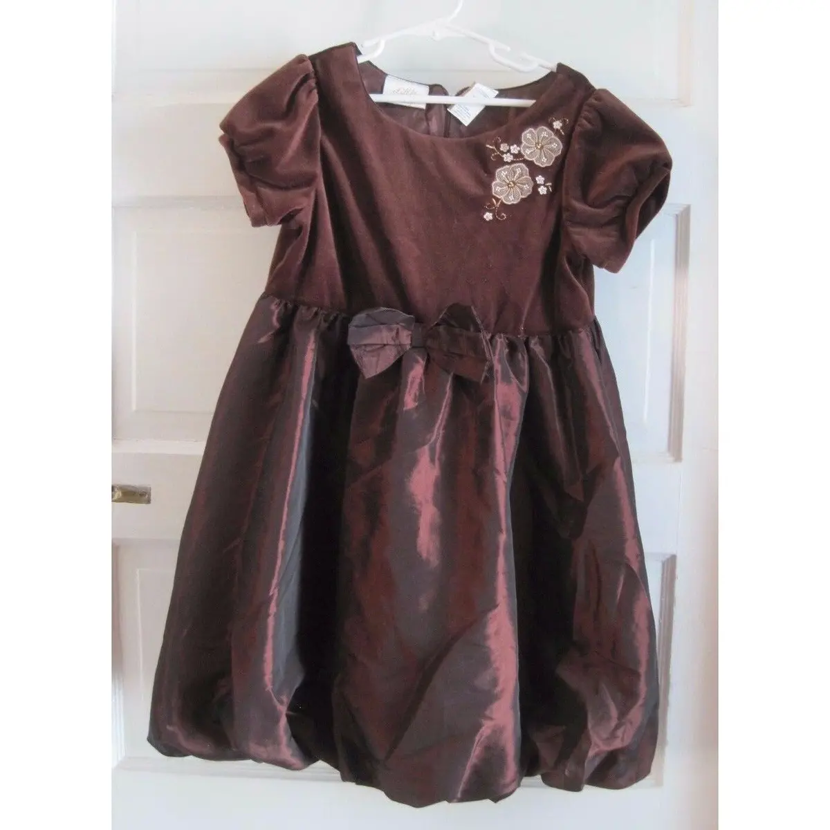 Little Bitty Chocolate Brown Velvet Metallic Sheen Bubble Dressy Dress Girls 6X 1