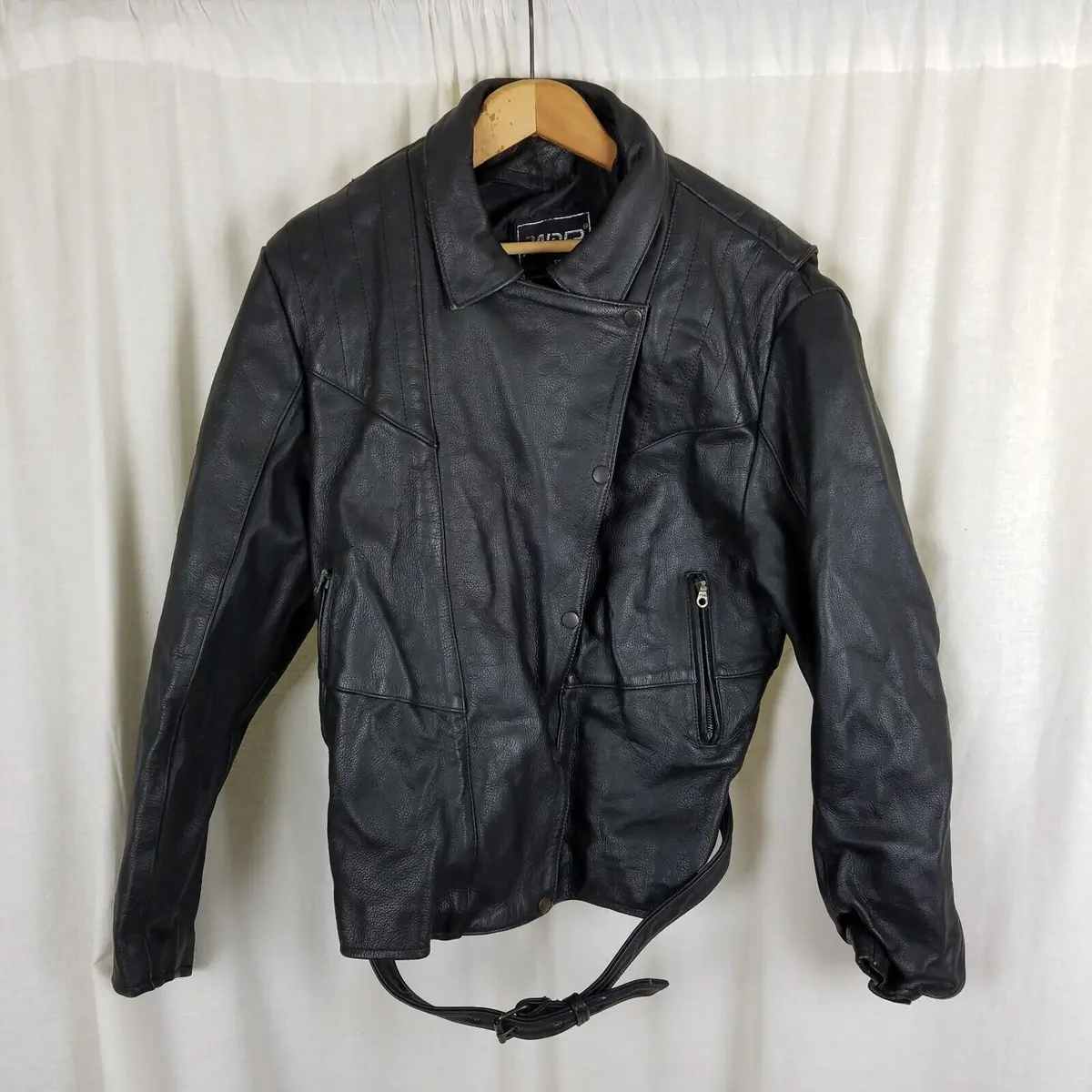 Vintage Raider Belted Black Leather Motorcycle Jacket Womens 16 Fitted Zip Snap 1