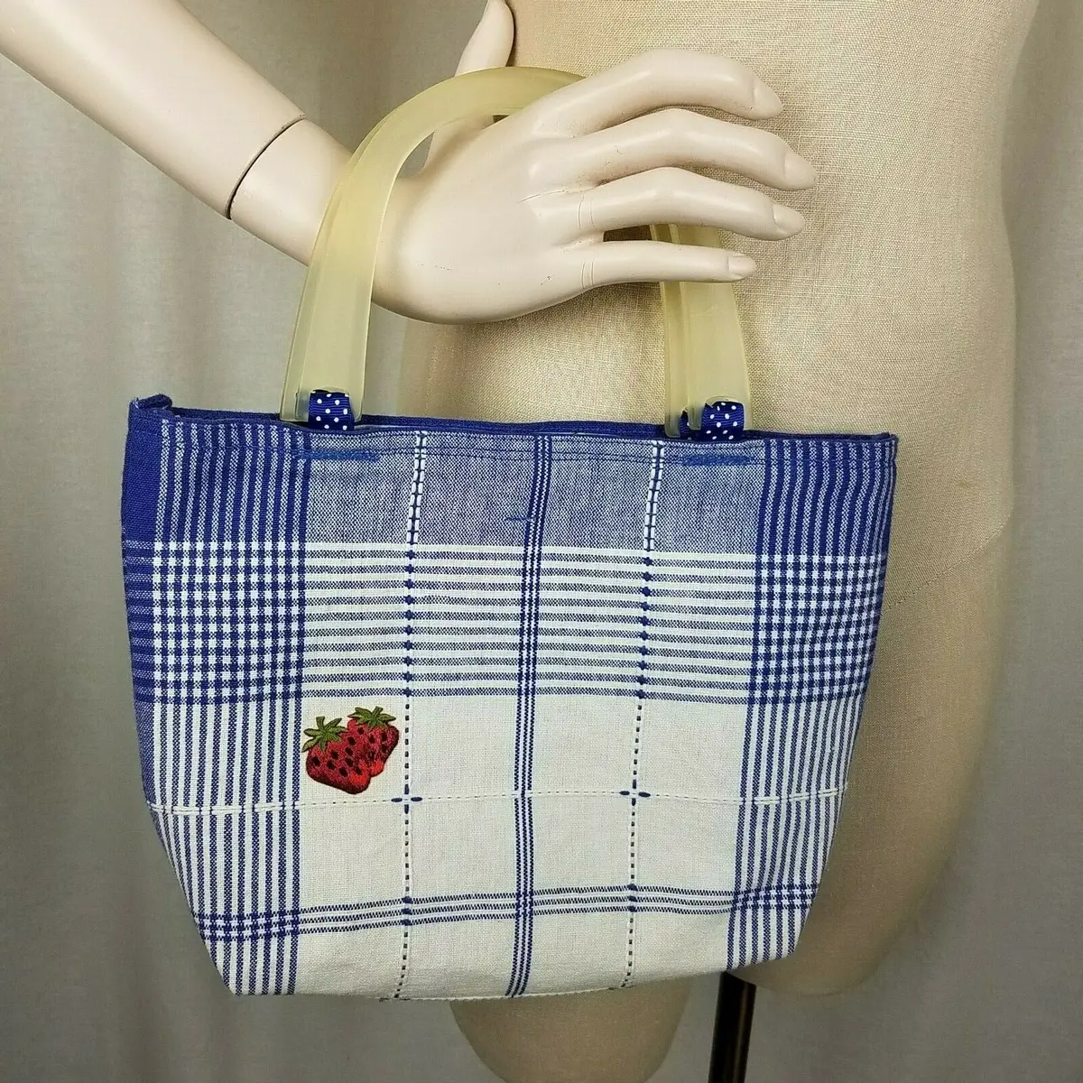 Canvas Blue Plaid Strawberry Mini Tote Bag Purse Handbag Small Celluloid Handle 1