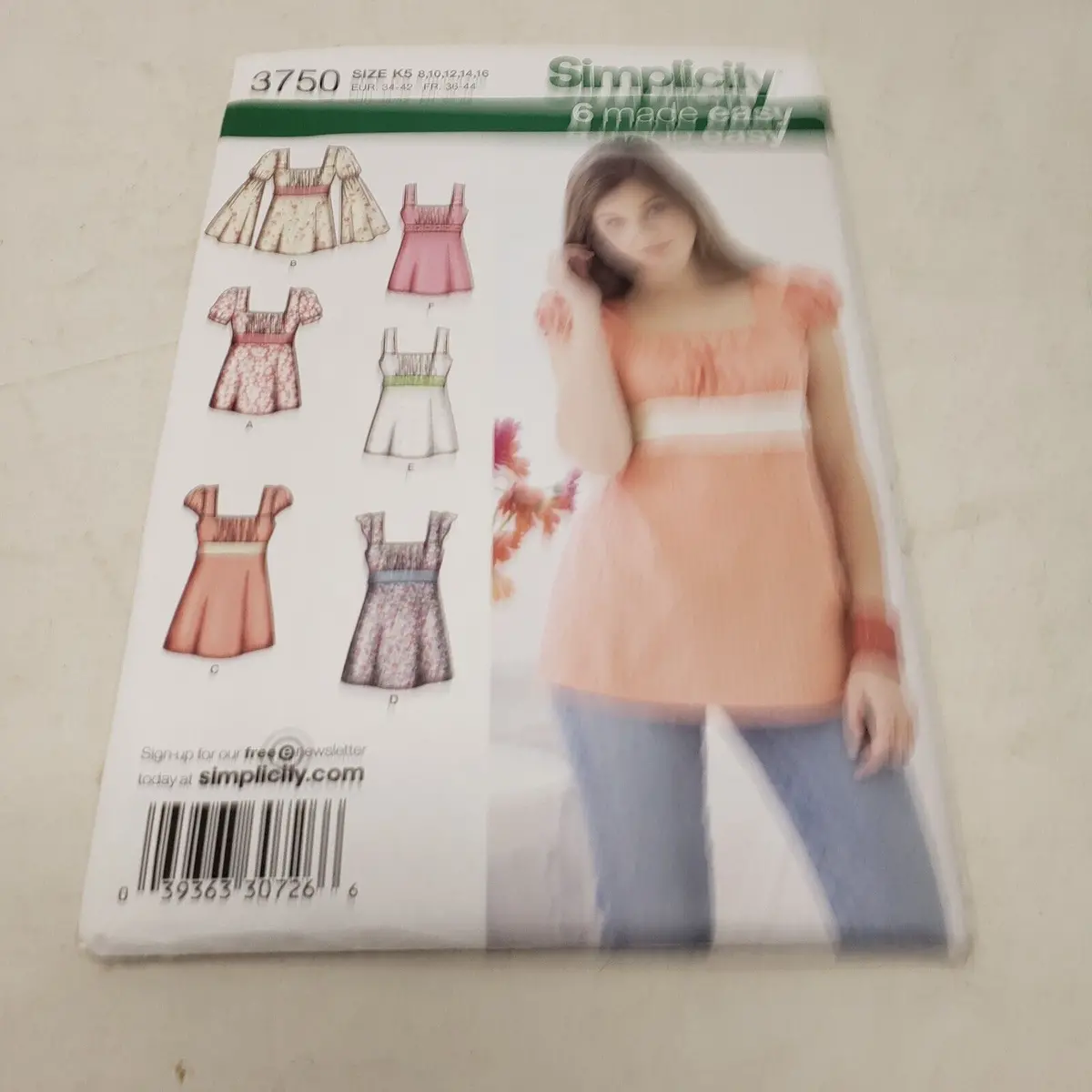Simplicity Sewing Pattern 3750 Empire Shirt Tunic Top Women 8 10 12 14 16 Uncut 1
