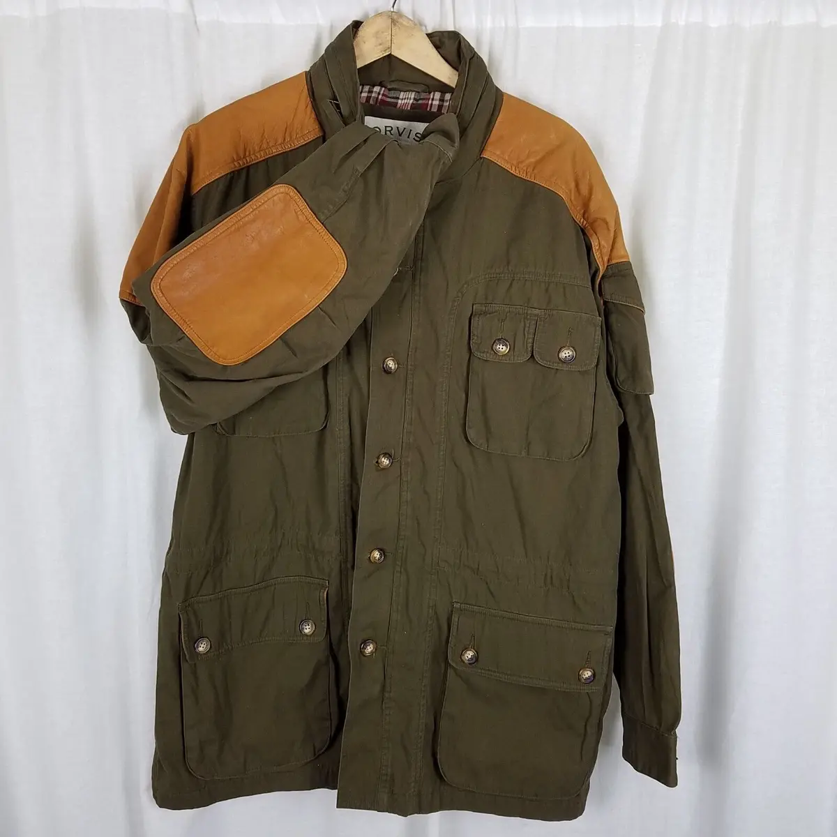 Vintage Orvis Plaid Flannel Lined Longline Leather Field Jacket Barn Coat Mens L 1