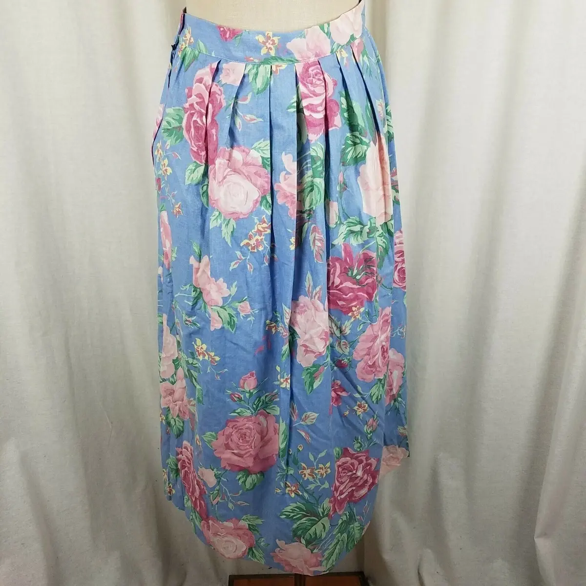 Vintage Floral Pleated Hippie Boho Maxi Twirl Skirt Antique Roses Womens 10 80S 1