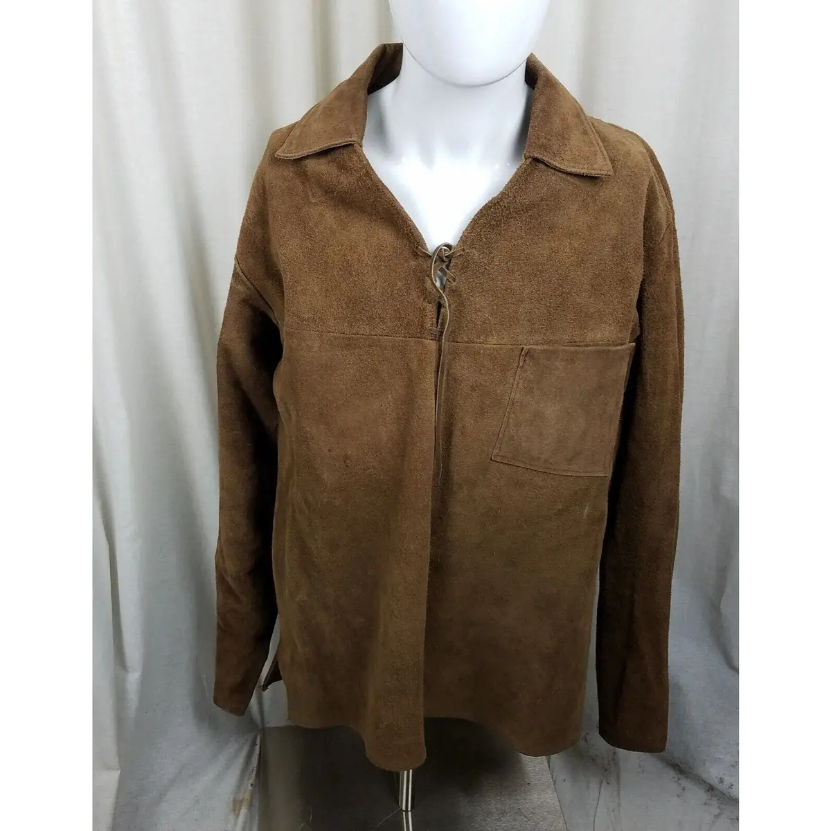 Vintage Leather Suede Lace Up Mountain Man Western Popover Shirt Jacket Mens L 1