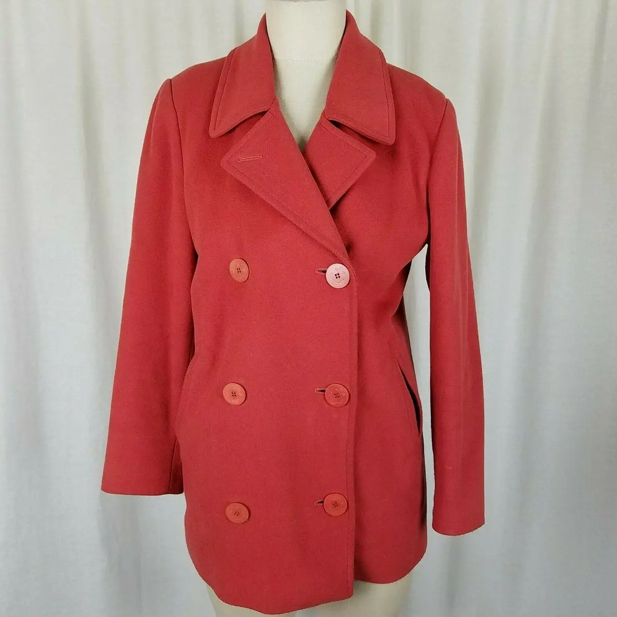 Ll Bean Wool Cashmere Double Breasted Peacoat Jacket Short Coat Womens 6P Coral 1