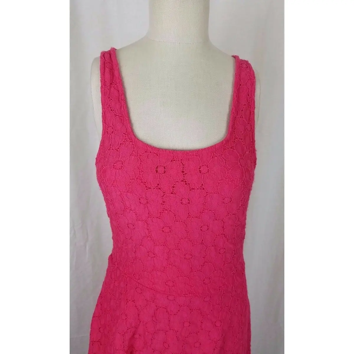 Bobeau Floral Lace Fit & Flare Summer Sun Tank Dress Womens L Stretch Hot Pink 2