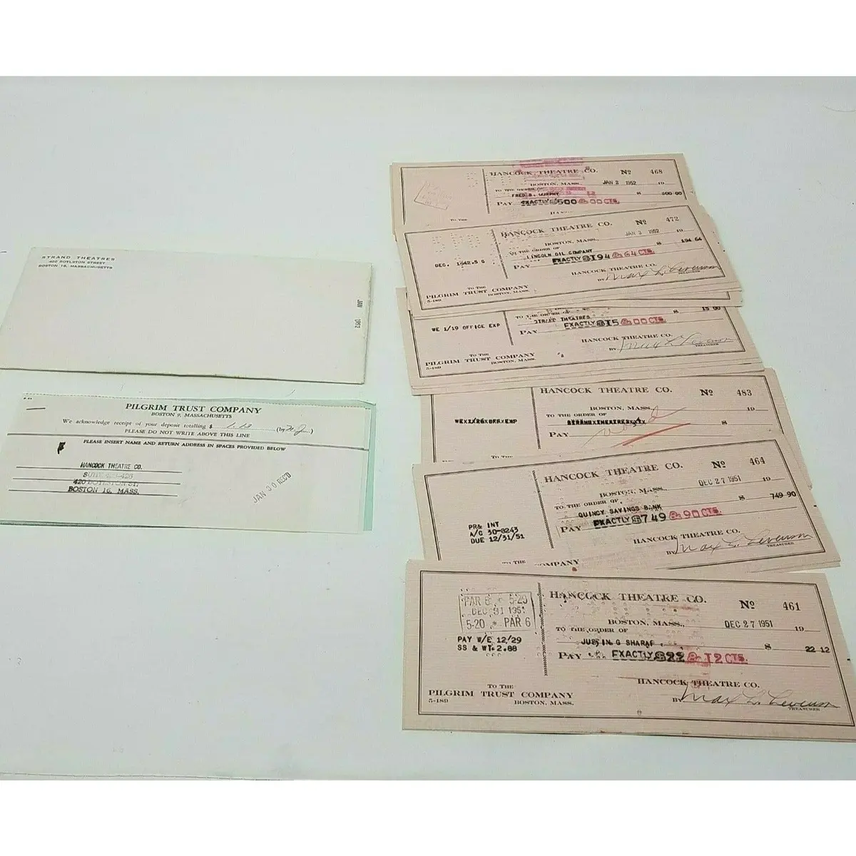 Hancock Theatres Boston 1951 Cancelled Bank Checks Deposit Slip Lot Strand Paper 1