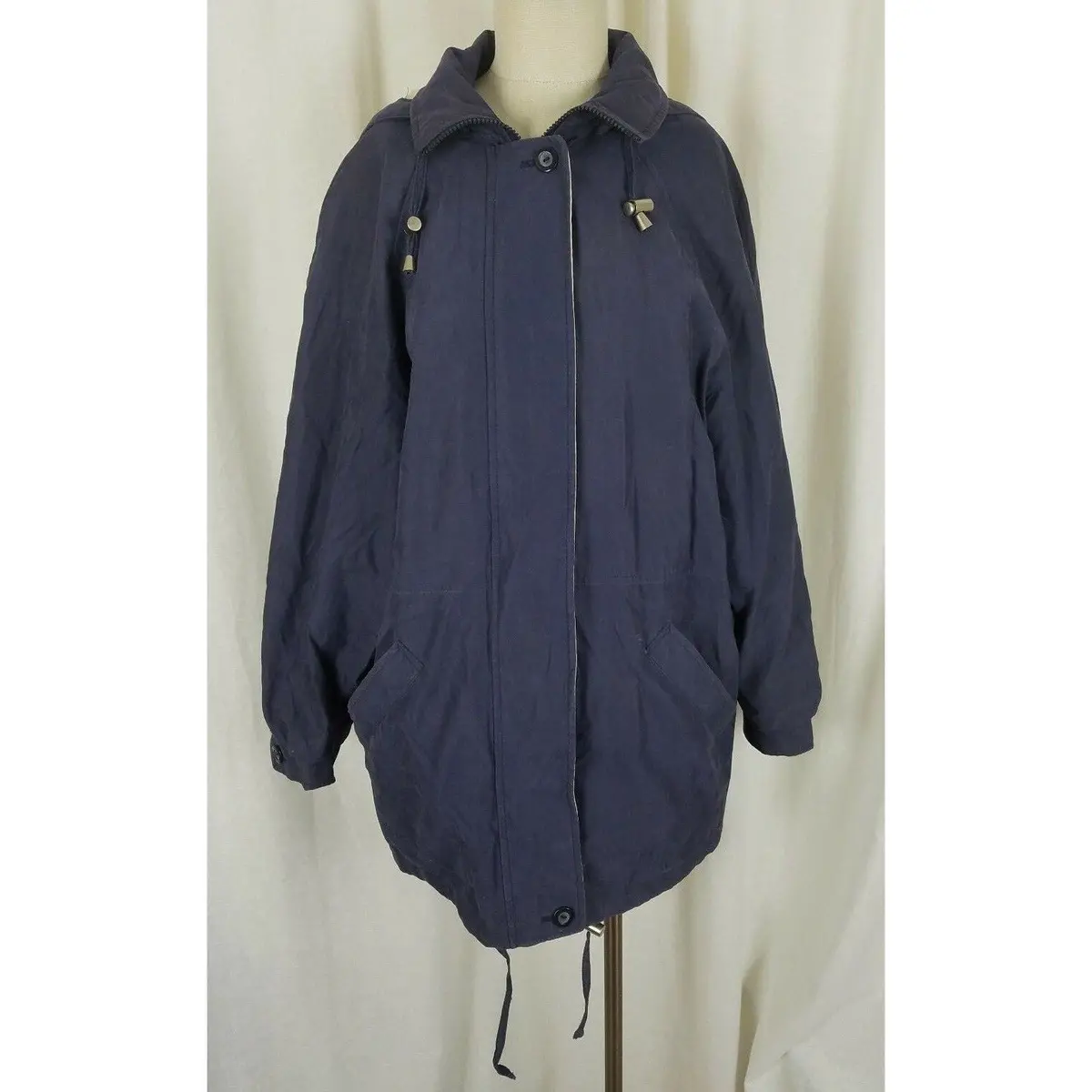 Vintage London Fog Brushed Cotton Windbreaker Shell Jacket Womens M Hooded Blue 1