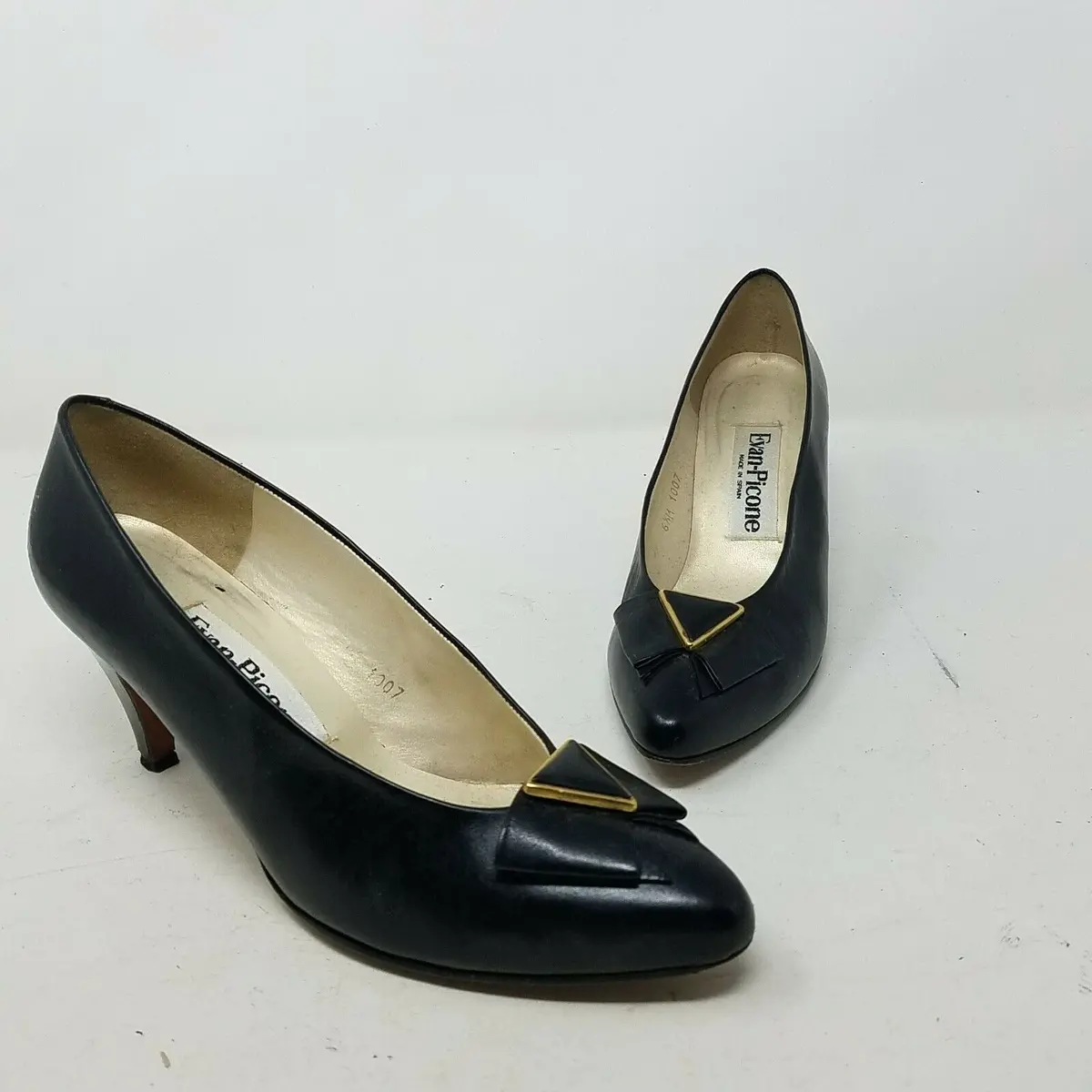 Evan Picone Black Leather Pumps Gold Bow Shoes Kitten Heels Low Womens 6.5 Spain 1