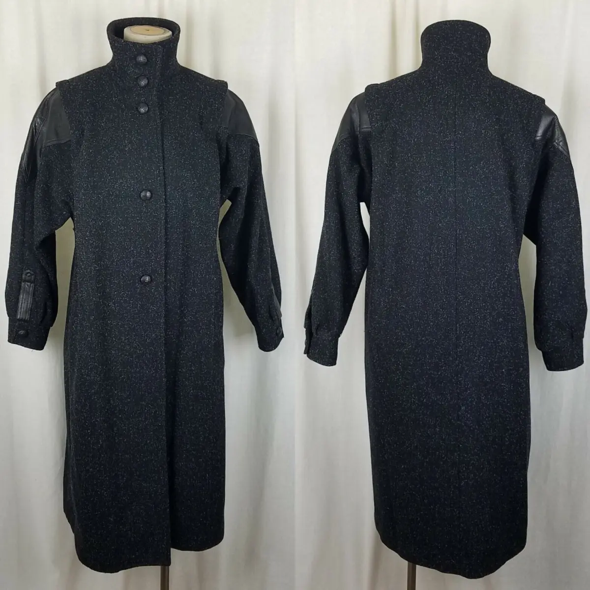 Vtg International Outerwear Wool Black Leather Maxi Duster Trench Coat Womens 8 1