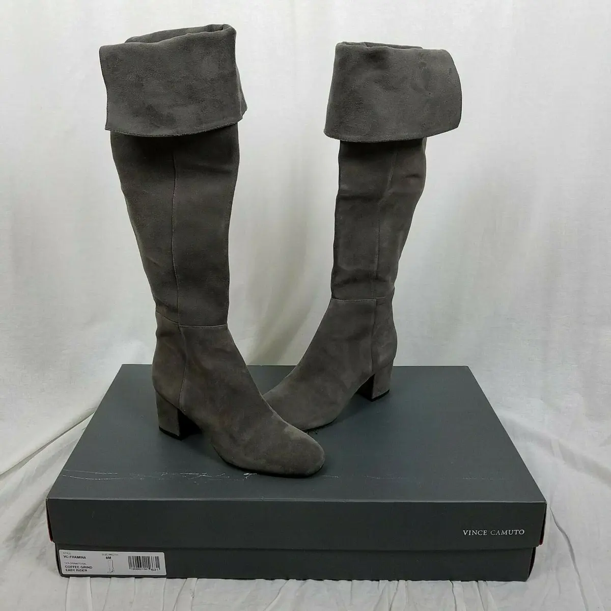 Vince Camuto Tall Knee Hi Gray Leather Fold Over Riding Boots Boho Womens 7.5 1