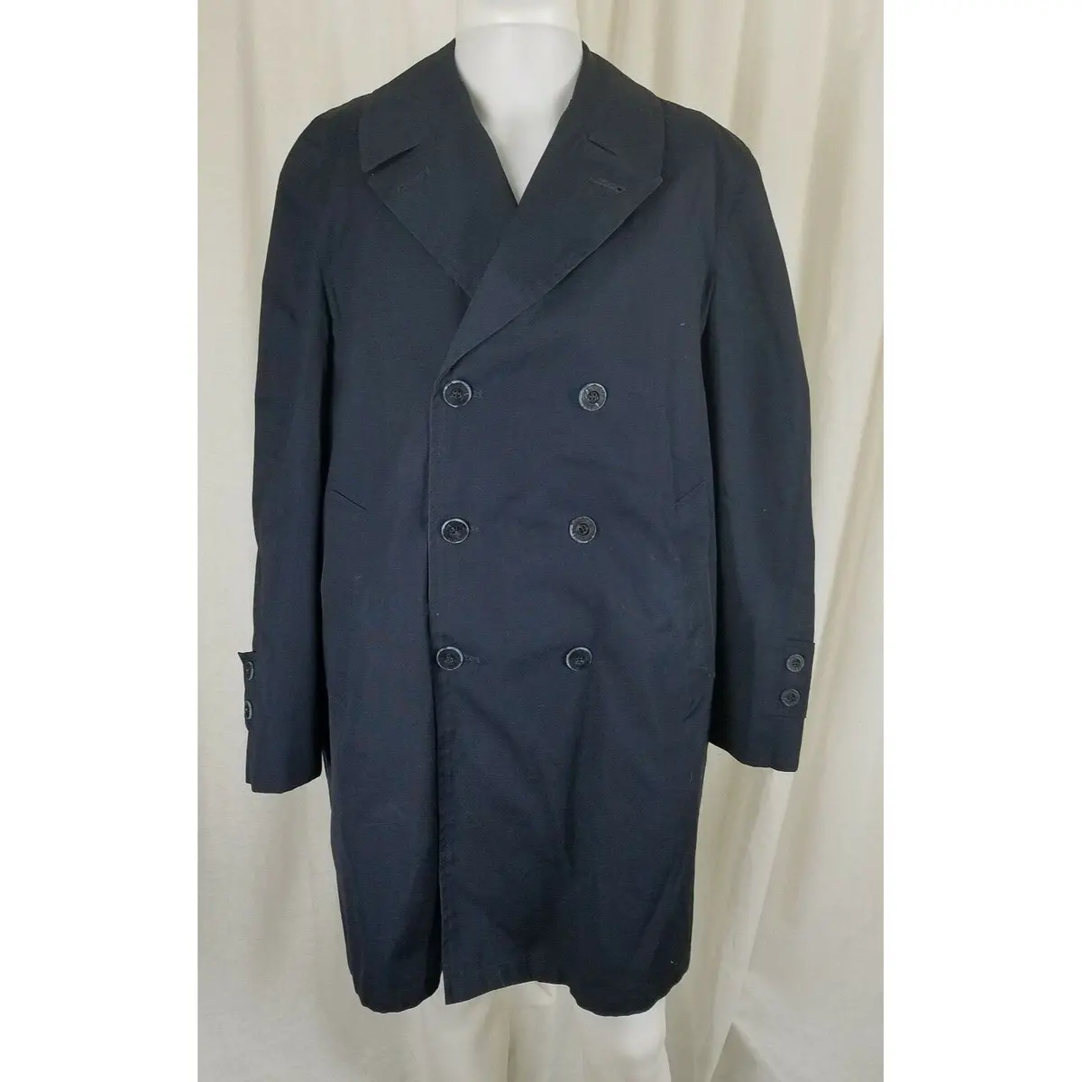 Vintage Koratron Double Breasted Deep Pile Fur Lined Trench Coat Mens M L Navy 1