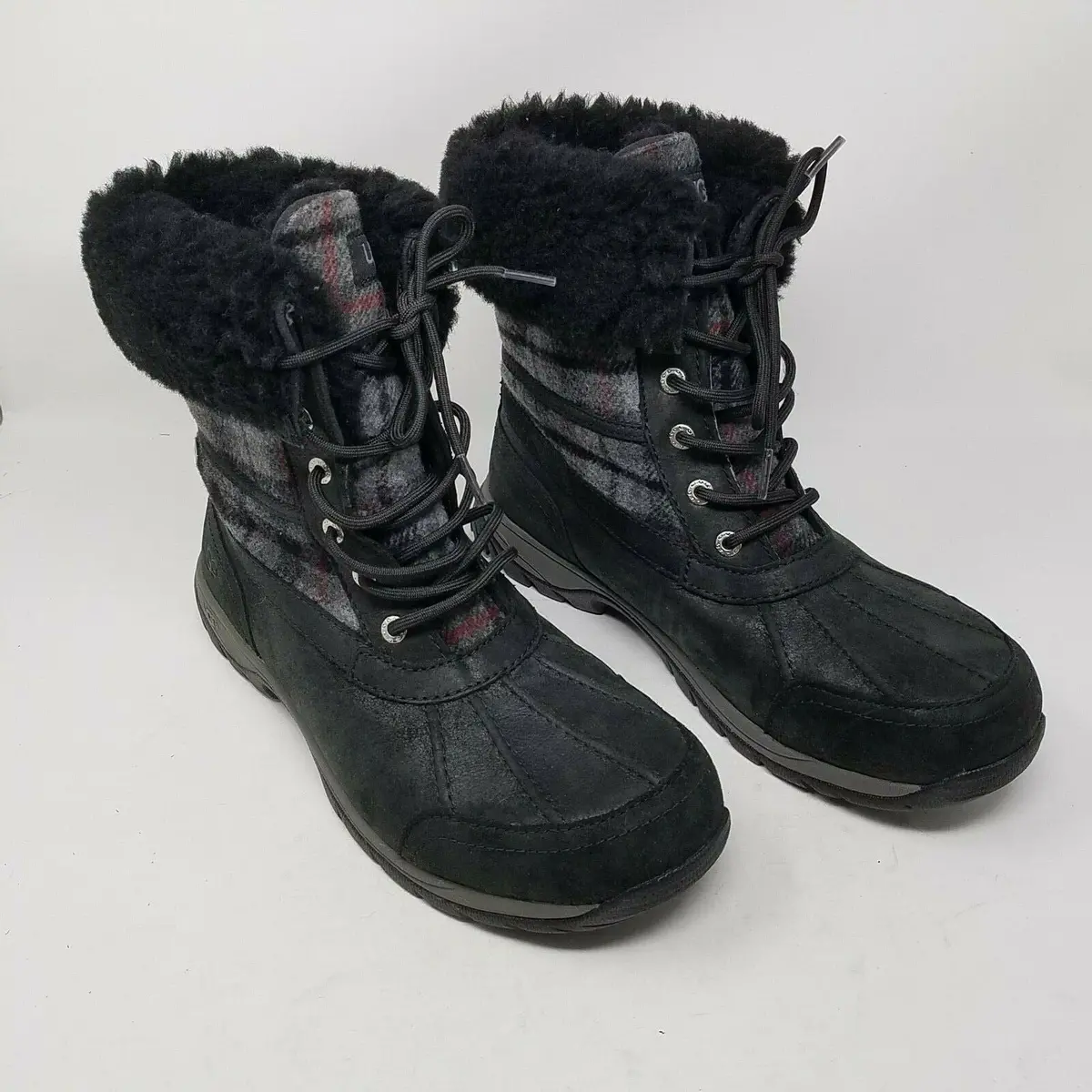 Ugg Butte Tartan Plaid Wool Shearling Winter Snow Boots Mens 44 10.5 Black Red 1