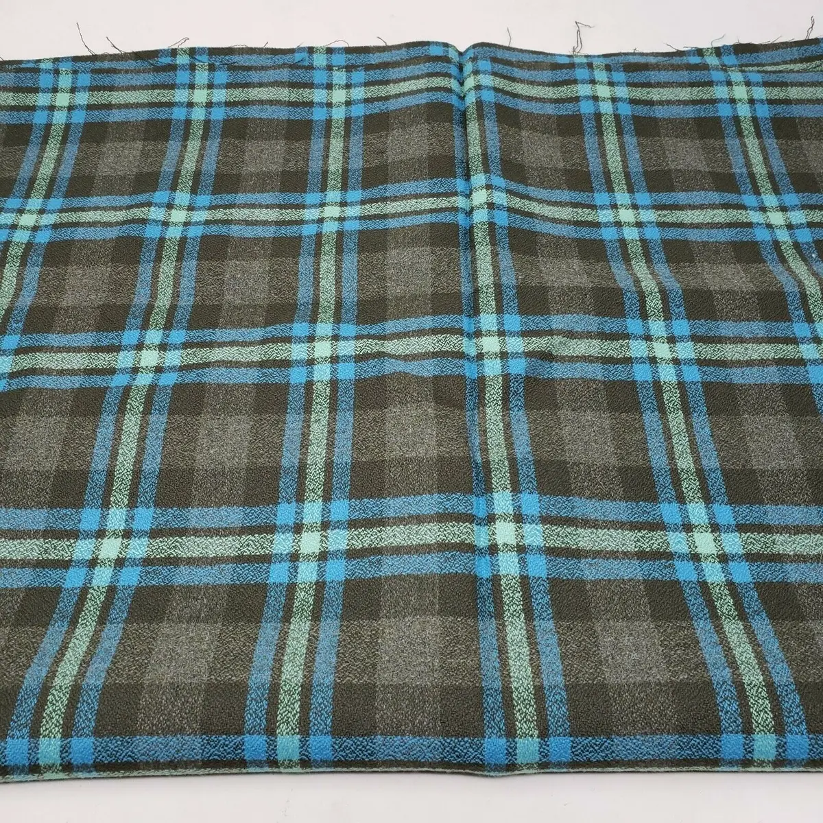 Vintage Cotton Plaid Woven Fabric 2.5 Yards 46.5"X54.5" Blue Green Charcoal Gray 1