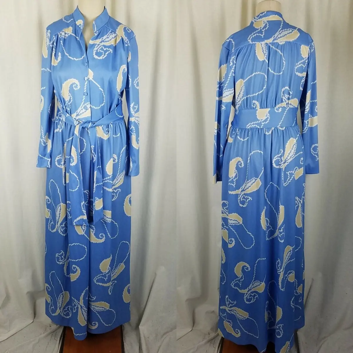 Vintage 70S Hal Ferman Long Maxi Hawaiian Paisley House Dress Womens 16 Nos Blue 1