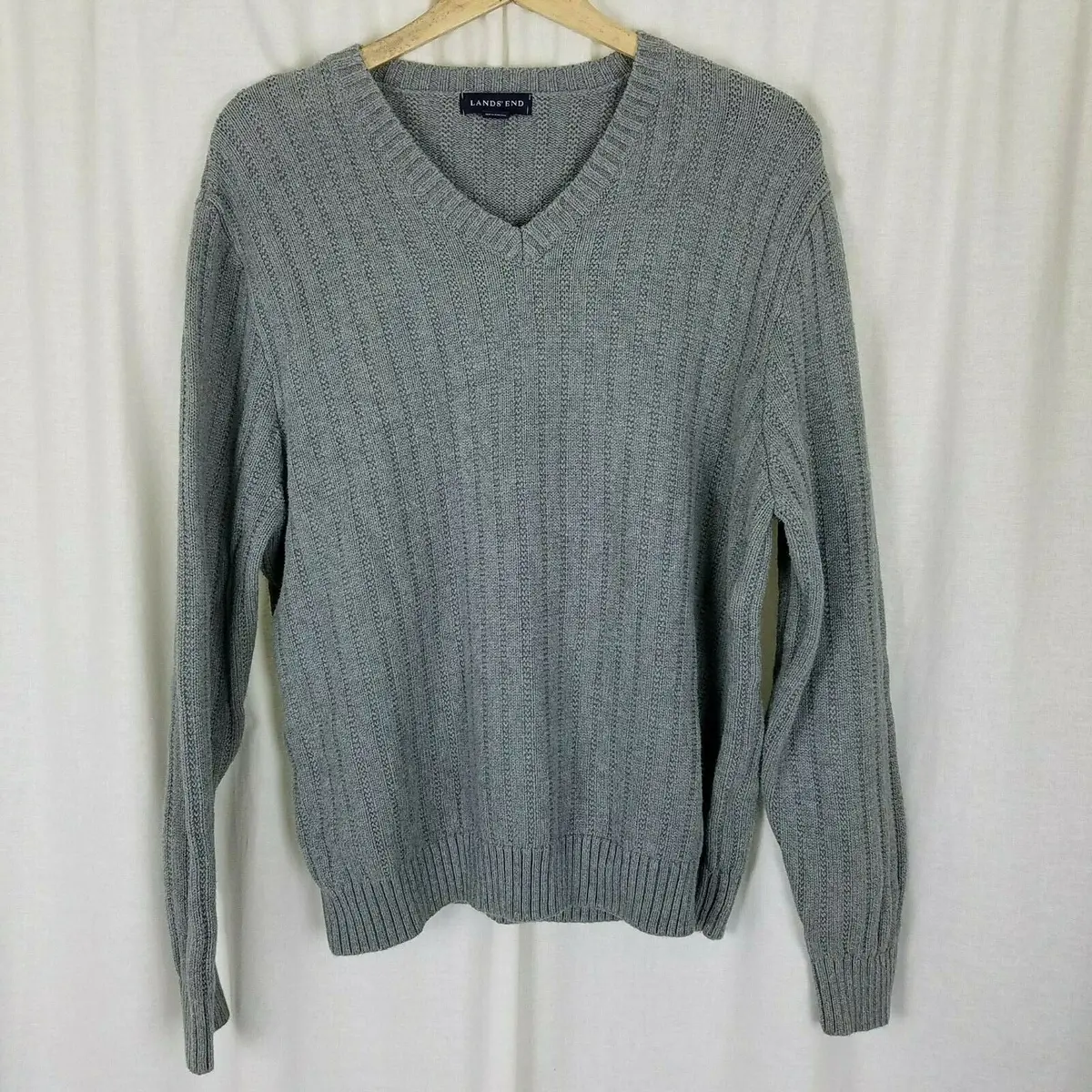 Lands End Ribbed Striped Cotton Cable Knit Vneck Sweater Mens L Gray Vintage 1