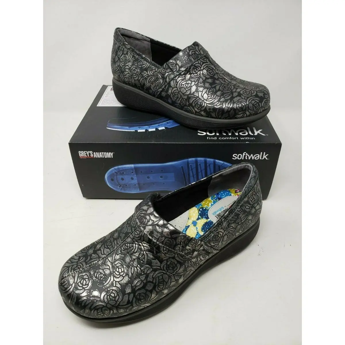 Softwalk Grey's Anatomy Meredith Black Metallic Leather Clogs Shoes Women's 6 W 1