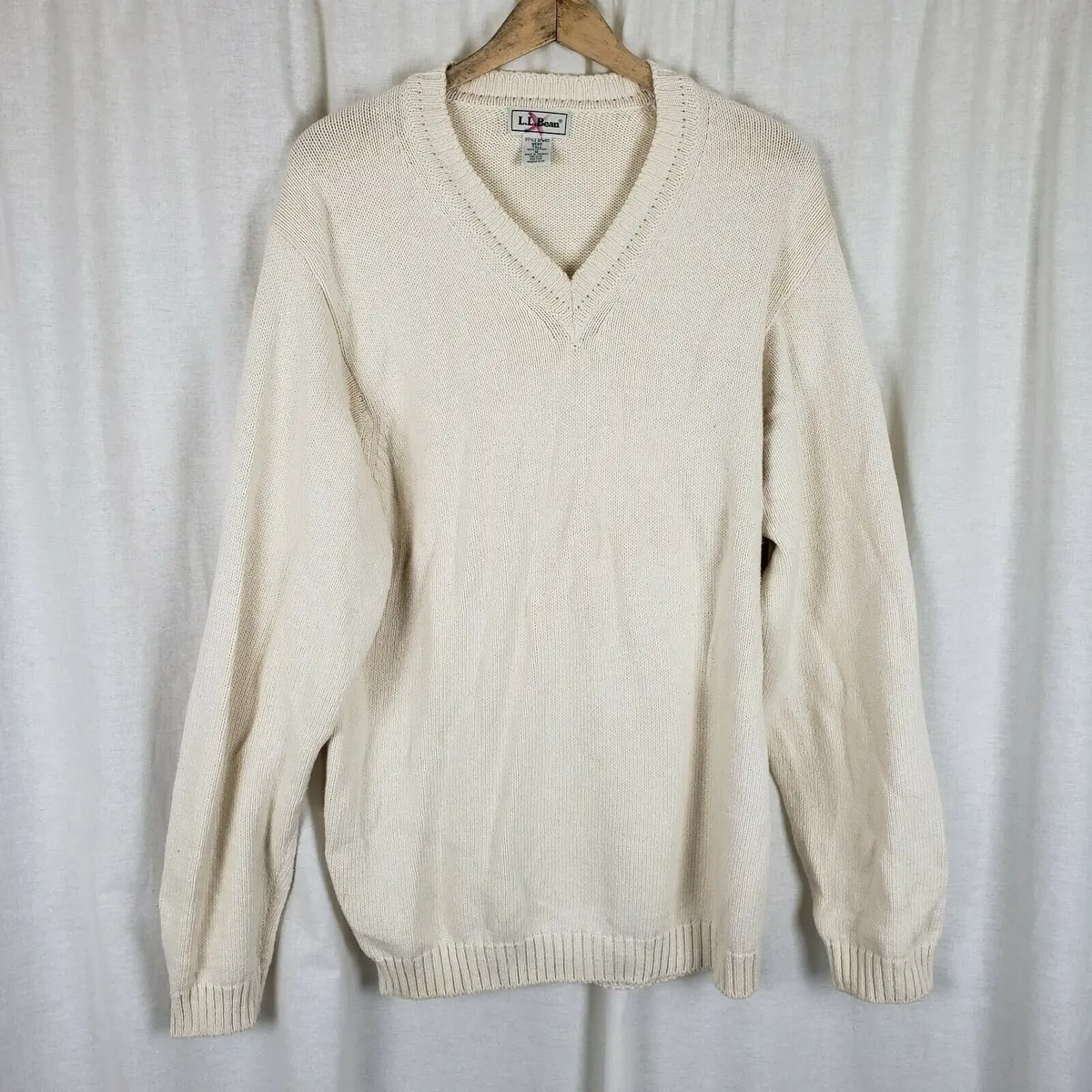 Vintage Ll Bean 100% Cotton Vneck Pullover Sweater Mens Mt Tall Cream Off White 1