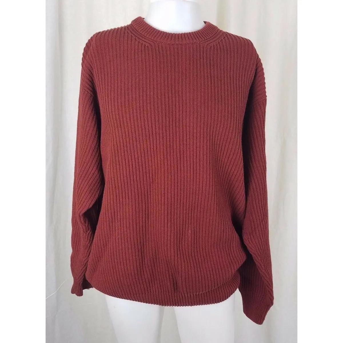 Vintage Ll Bean Knit Sweater 100% Cotton Ribbed Crewneck Pullover Mens L Rust 1
