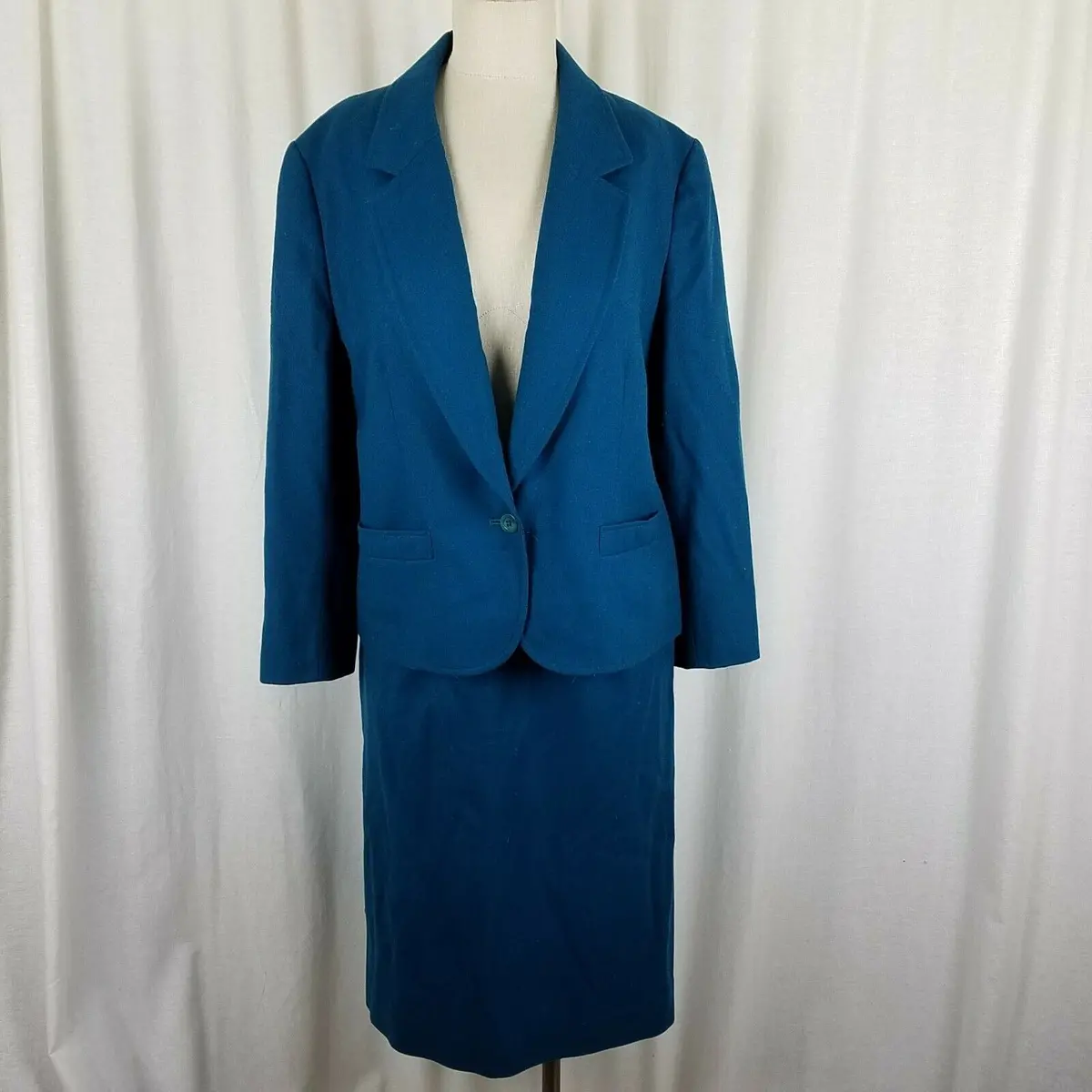 Pendleton Wool Tweed Blazer Jacket Skirt Suit Womens 14 Usa Teal Yellow Label 1