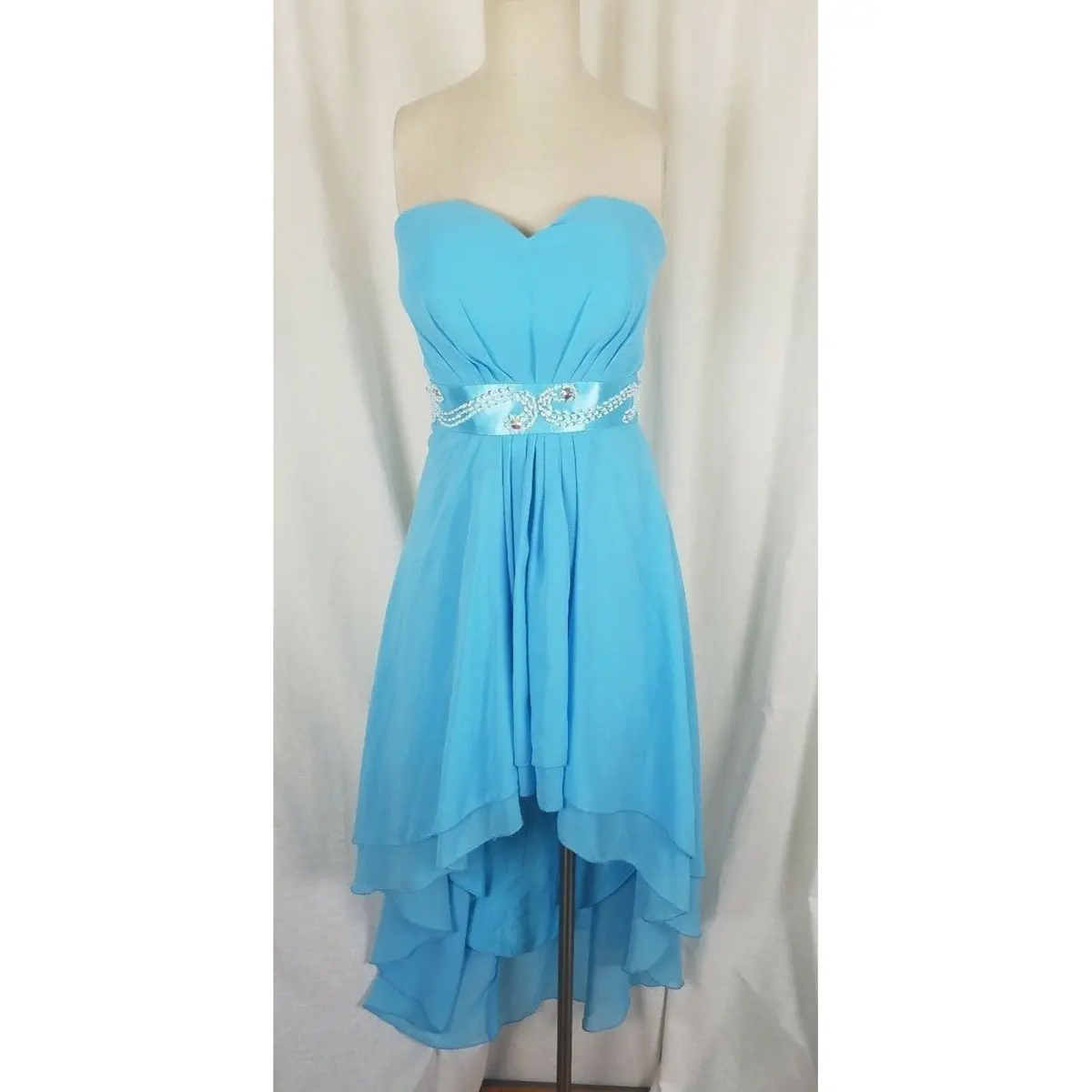Jeweled Asymmetrical Midi Long Blue Chiffon Formal Gown Dress Womens S M Prom 1