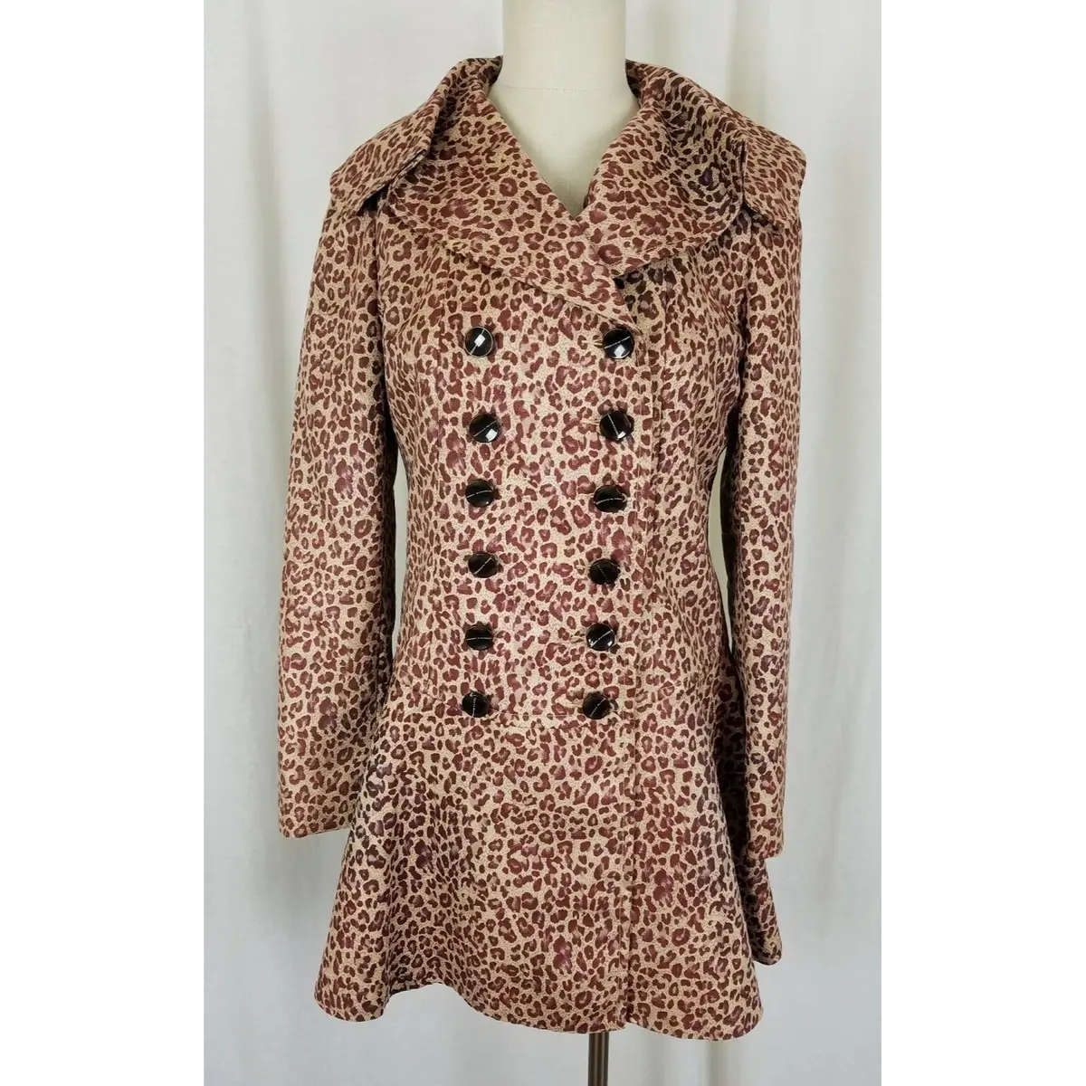 Due+2 Double Breasted Wide Lapel Ruffled Fit & Flare Cheetah Vegan Coat Womens S 1
