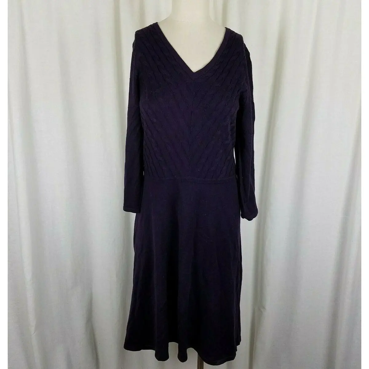 Jones New York Vneck Diagonal Cable Knit Sweater Dress Womens M Dark Purple Midi 1