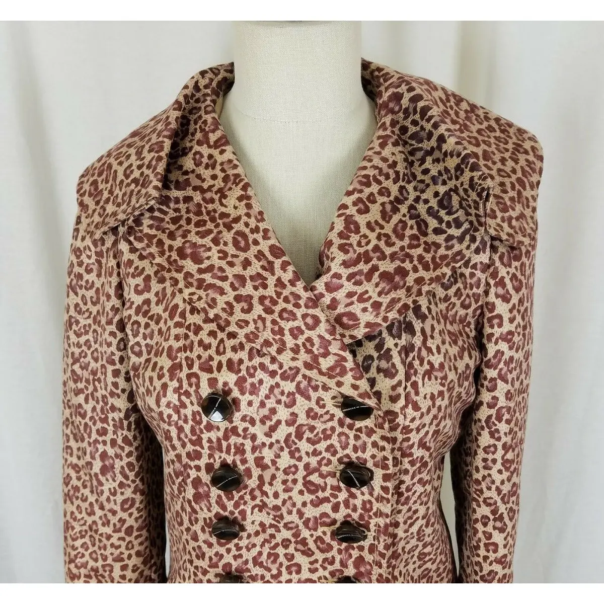 Due+2 Double Breasted Wide Lapel Ruffled Fit & Flare Cheetah Vegan Coat Womens S 2