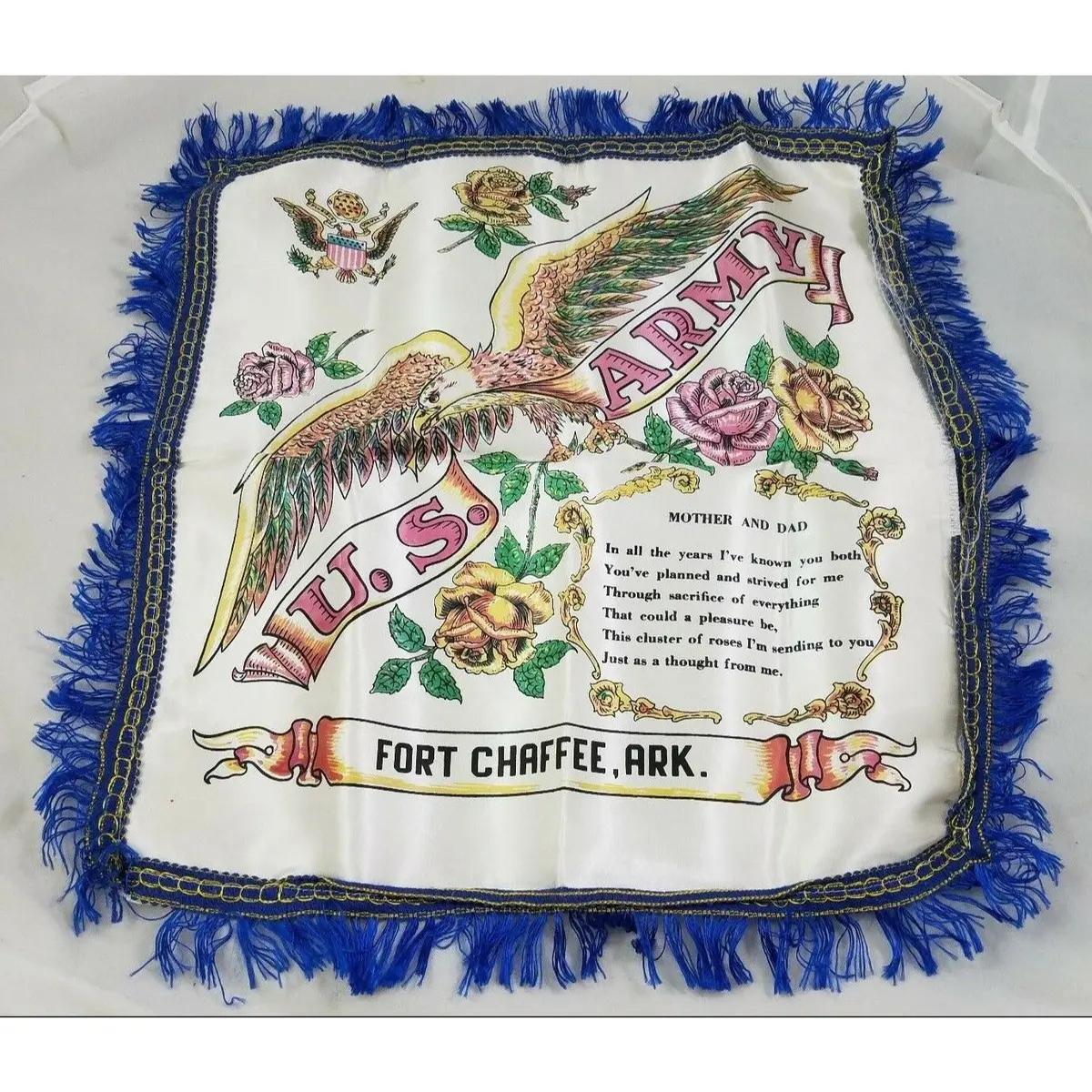 50S 60S Us Army Ft Chaffee Ark Mother And Dad Poem Silk Satin Pillow Cover Roses 1