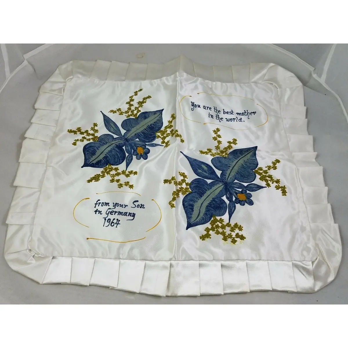Vintage White Silk Satin Germany Mother Son Souvenir Pillow Cover Sham 1964 Blue 1