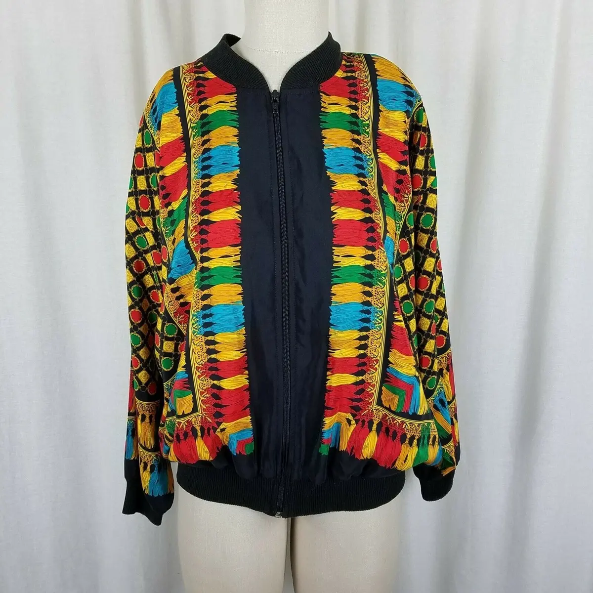 Vintage Peter Popovitch Satin Bomber Jacket Coin Medallion Tassel Print Womens L 1