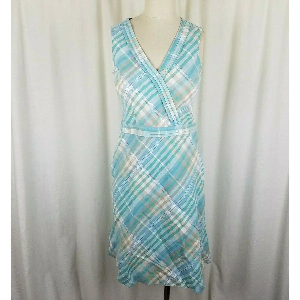 Ll Bean Linen Cotton Blue Green Plaid Faux Wrap Dress Summer Womens 4 1