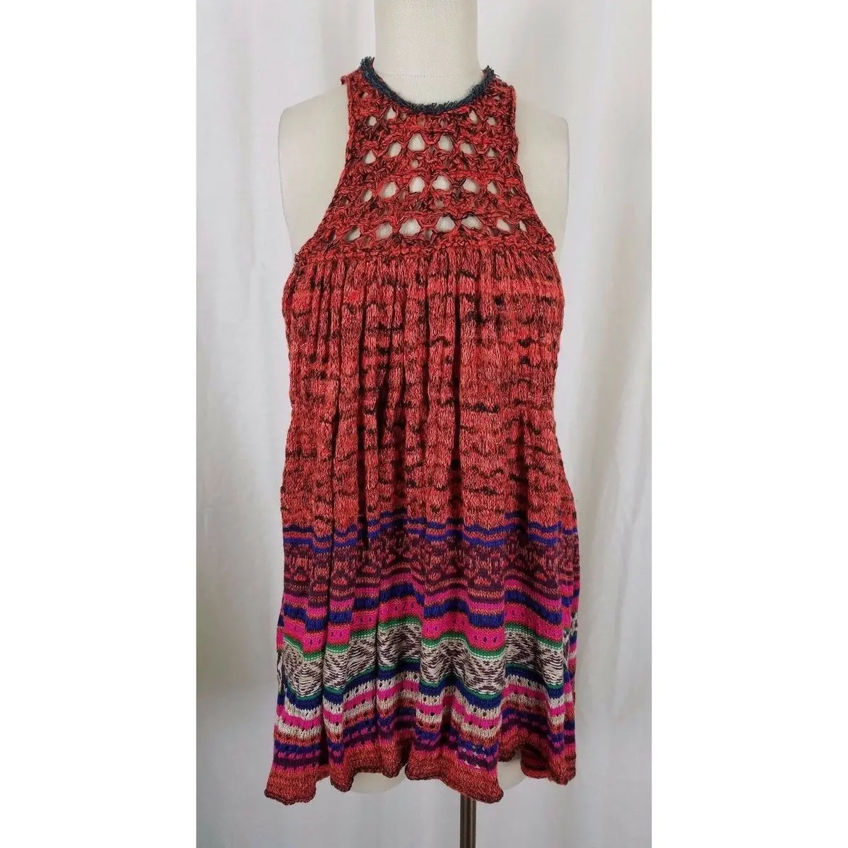 Free People Rare Hearts Red Knit Crochet Sweater Tunic Mini Dress Womens Xs Nwt 1