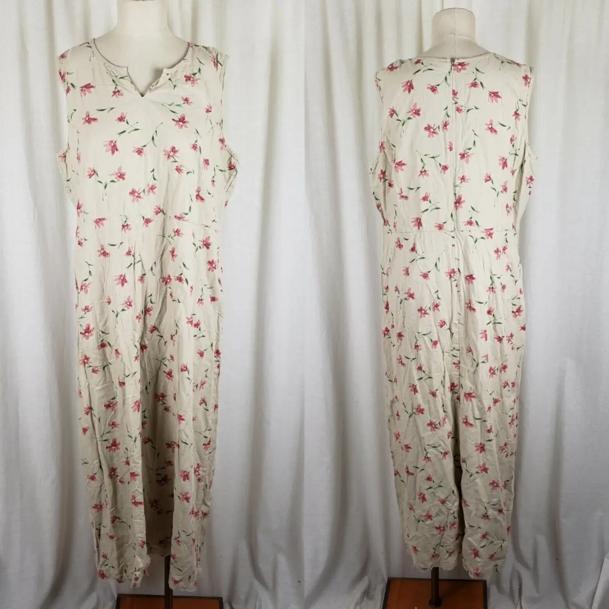 Ll Bean Modest Maxi Linen Floral Prairie Dress Womens 18 Vintage Cottage Core 1