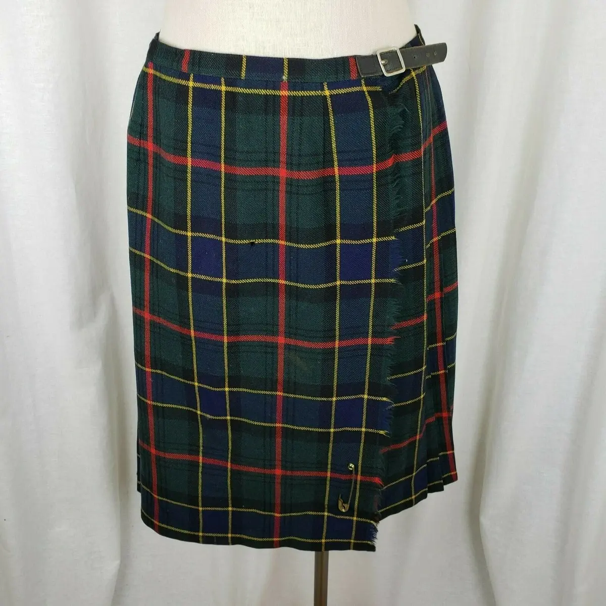 Vintage Cairds Mosbrook Wool Tartan Plaid Pinned Wrap Kilt Skirt Womens L Buckle 1