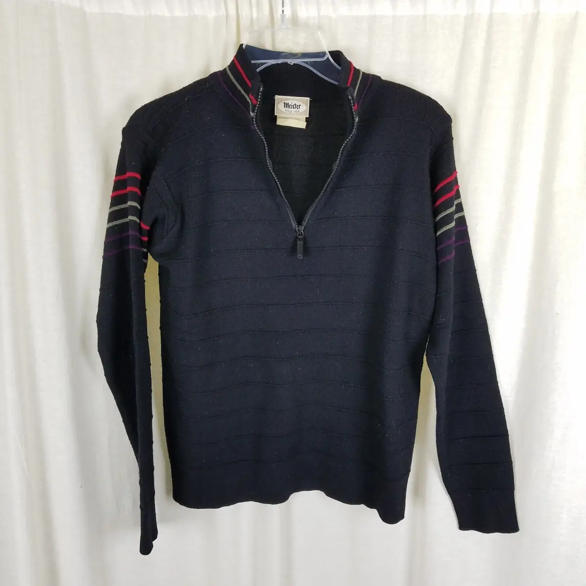 Vintage Meister 1/4 Zip Striped Ribbed Wool Knit Ski Outdoor Sweater Mens S Usa 1