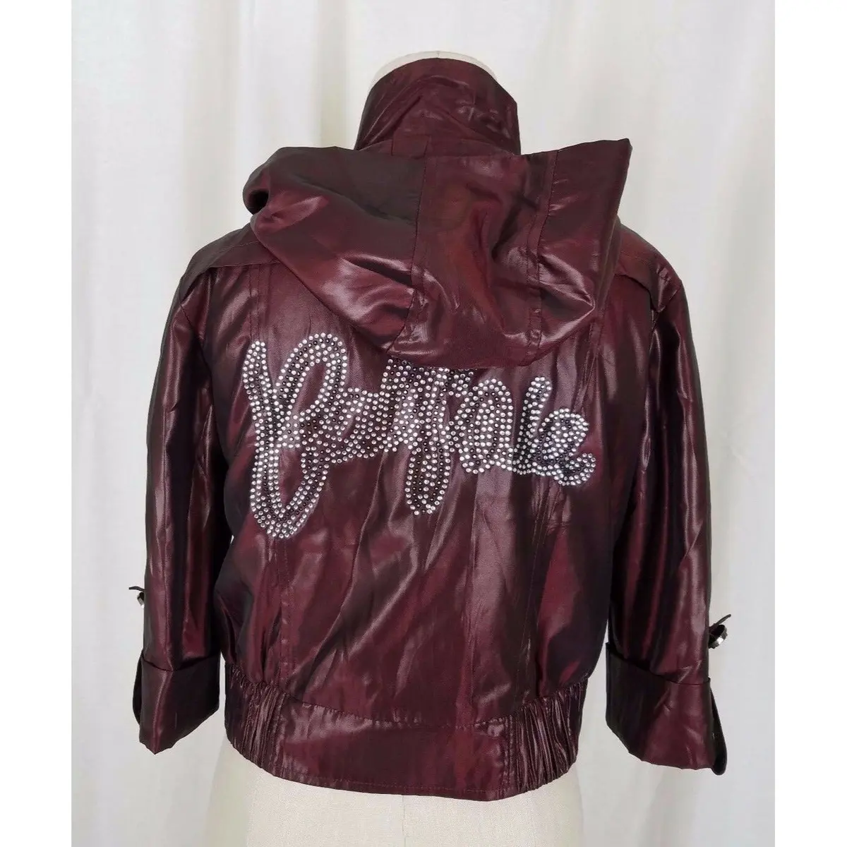 Char Char Califa La Bling Hooded Ruffled Satin 3/4 Sleeve Bomber Jacket Womens L 1